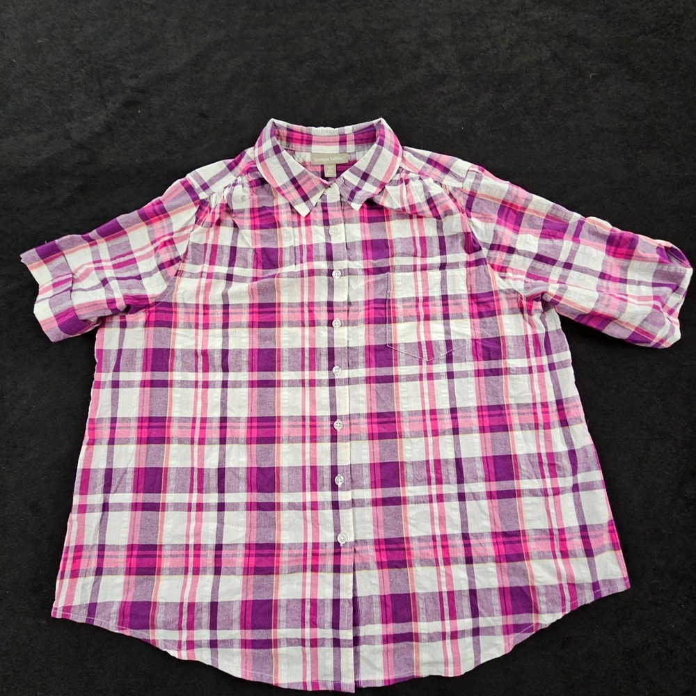 Woman Within Pink Plaid Short Sleeve Button-Up Shirt Women's Petite Plus 1X